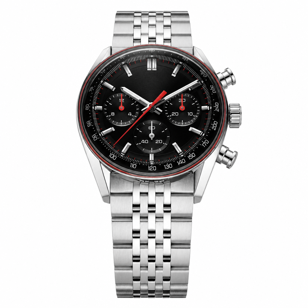 Chronograph watch with black dial and silver metal bracelet on white background
