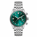 Chronograph wristwatch with green dial and silver metal bracelet on white background