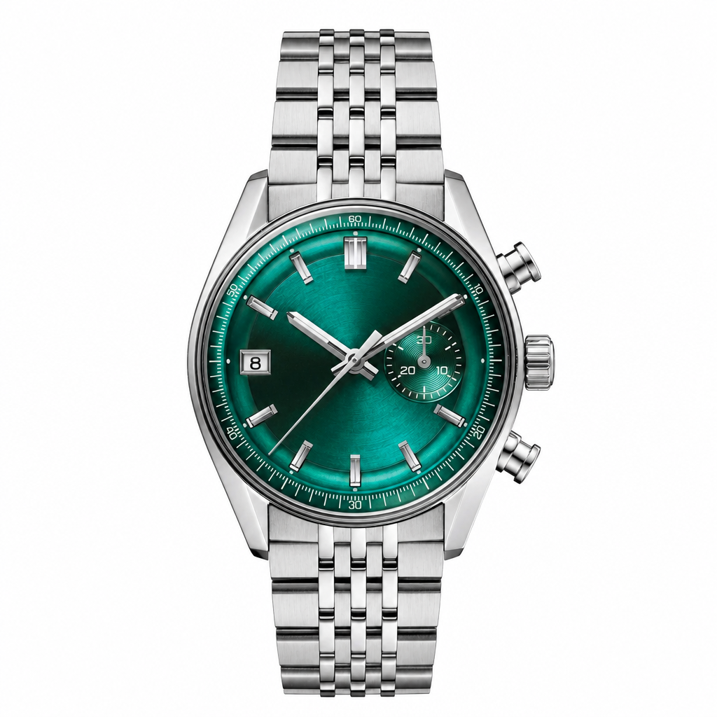 Chronograph wristwatch with green dial and silver metal bracelet on white background