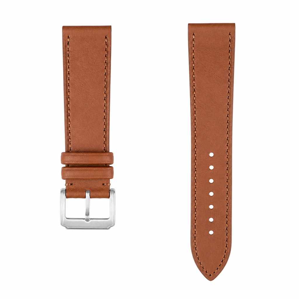 Brown leather watch strap with stainless steel buckle, 21mm width