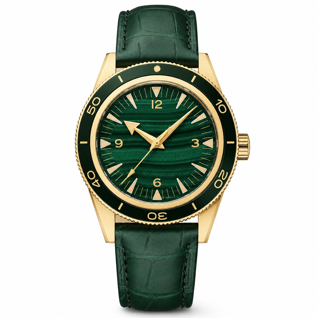 Classic watch with green dial, green leather strap, and gold-tone case
