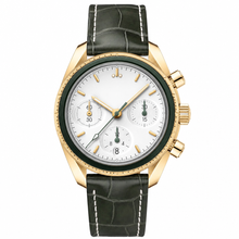 Relógio cronógrafo esportivo de 38 mm com caixa em tom dourado e pulseira de couro verde-escuro