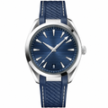 Sporty casual watch with blue dial, silver markers, and blue silicone strap with white stitching