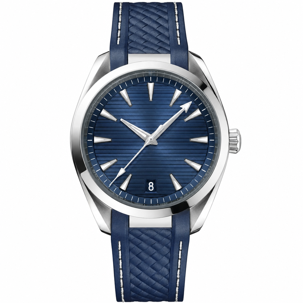 Sporty casual watch with blue dial, silver markers, and blue silicone strap with white stitching