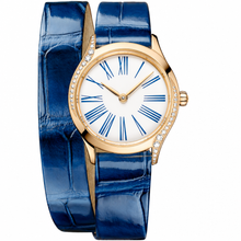 Relógio feminino elegante em tom dourado com pulseira de couro azul