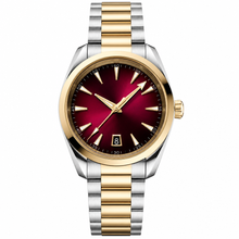 Relógio social de metal em dois tons, 38 mm, com mostrador vermelho