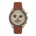 Chronograph watch with beige dial and brown embossed leather strap