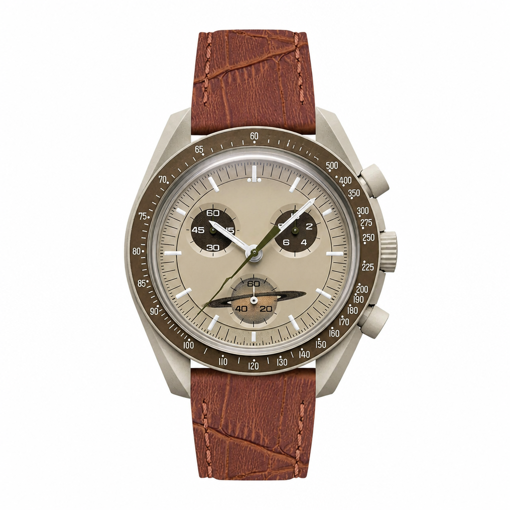 Chronograph watch with beige dial and brown embossed leather strap