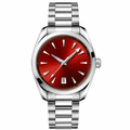 Classic stainless steel watch with red dial on metal bracelet, 38mm size