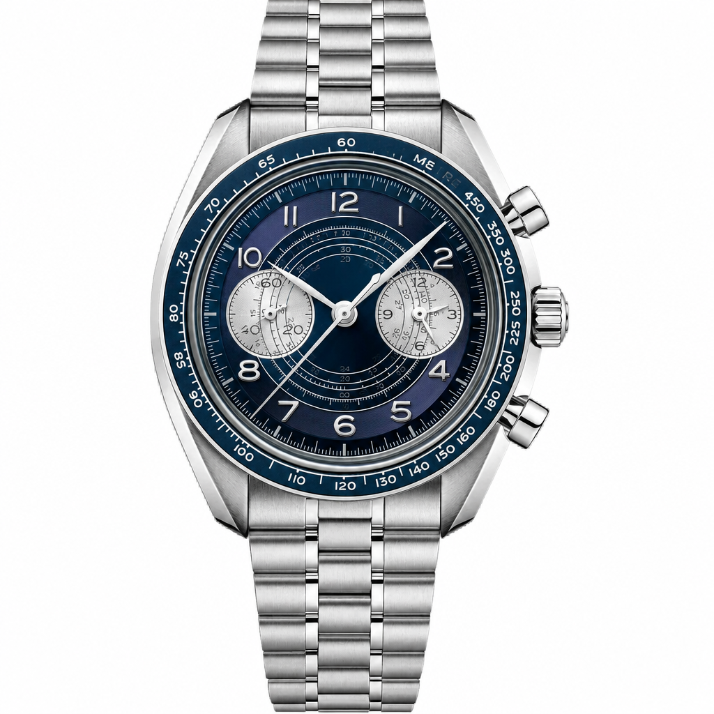 Chronograph watch with silver stainless steel bracelet and blue dial on white background