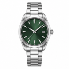 Relógio clássico de aço inoxidável com mostrador verde, 38 mm