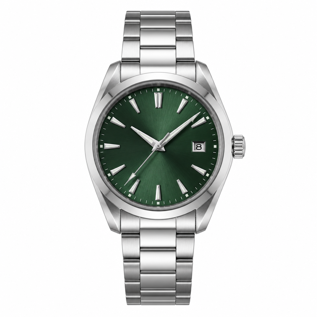 Classic unisex stainless steel watch with green dial and date display