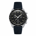 Chronograph watch with black dial and dark blue leather strap on white background