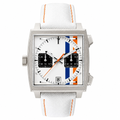 Sport casual chronograph watch with silver-tone metal case, white dial with blue and orange accents, and white fabric strap with orange stitching
