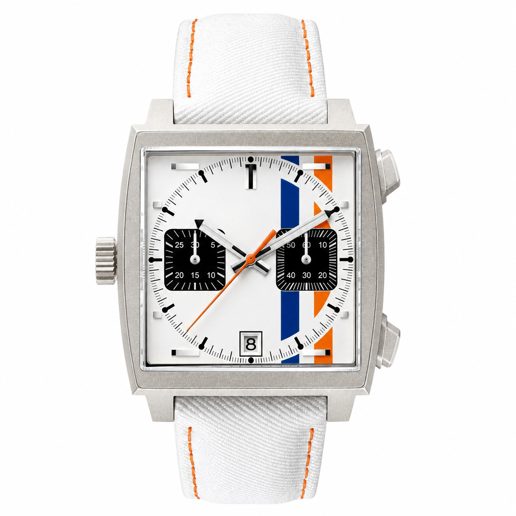 Sport casual chronograph watch with silver-tone metal case, white dial with blue and orange accents, and white fabric strap with orange stitching