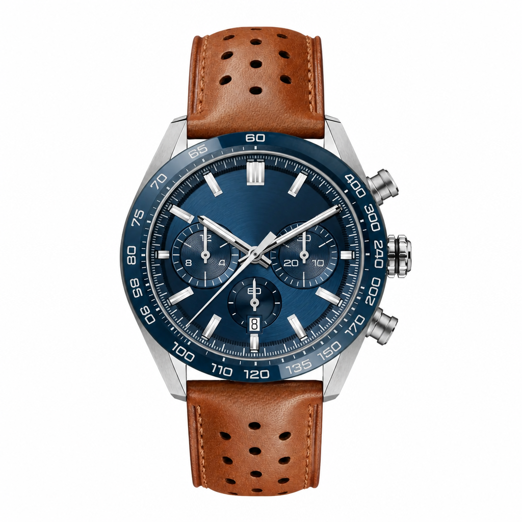 Chronograph watch with blue dial and brown leather strap on white background