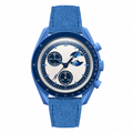 Blue moonphase watch with blue suede strap on white background