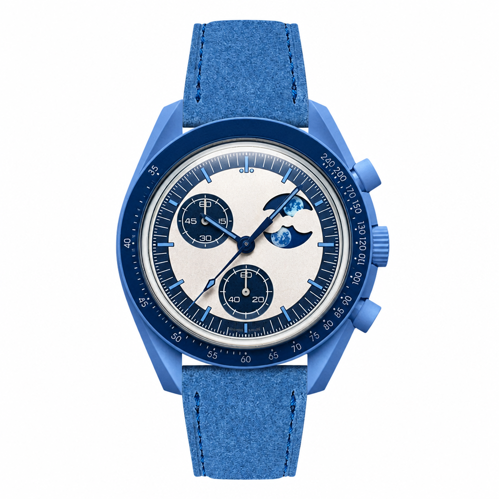 Blue moonphase watch with blue suede strap on white background