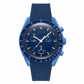 Blue chronograph watch with rubber strap on white background