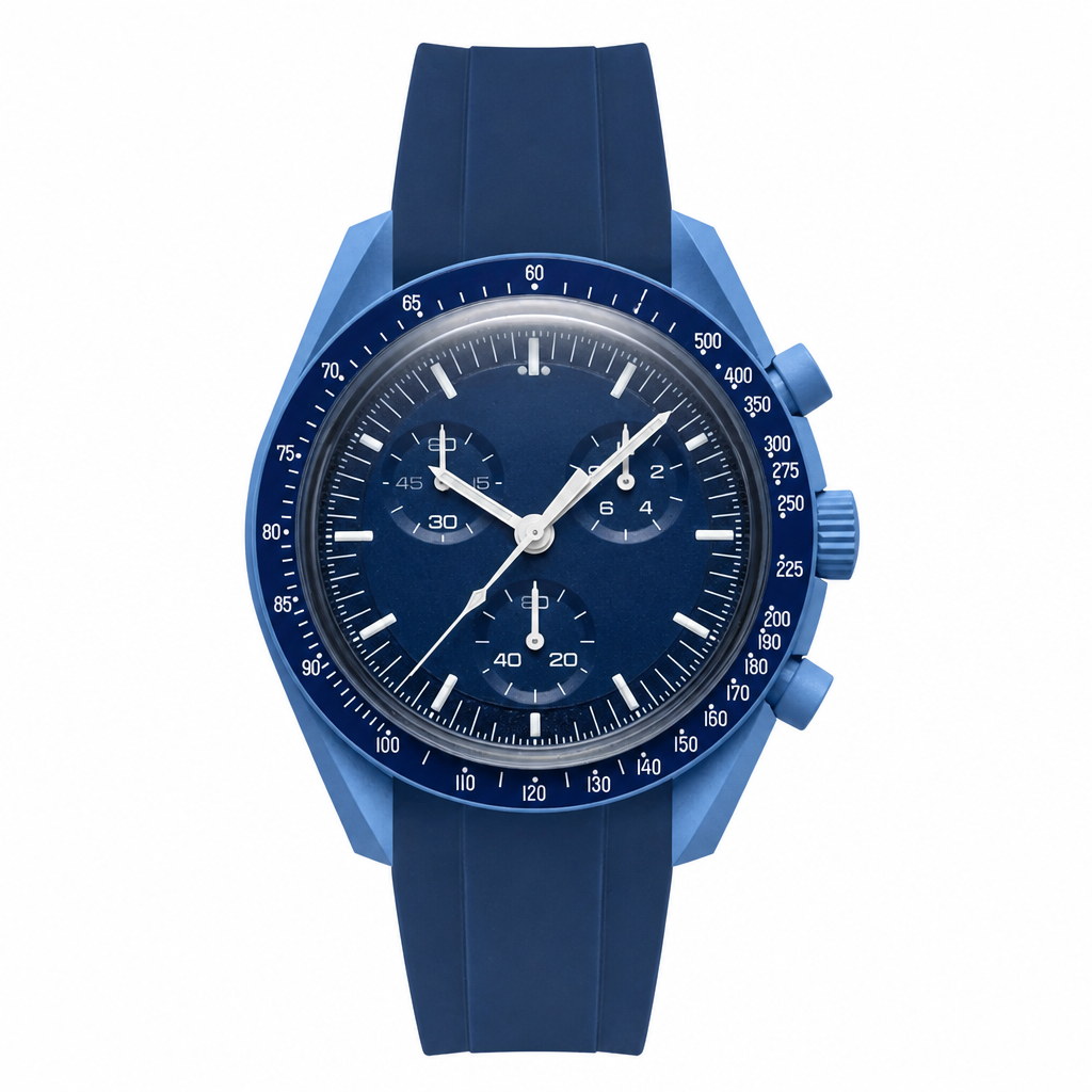 Blue chronograph watch with rubber strap on white background