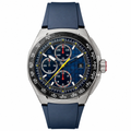 Blue sport chronograph watch with rubber strap on white background