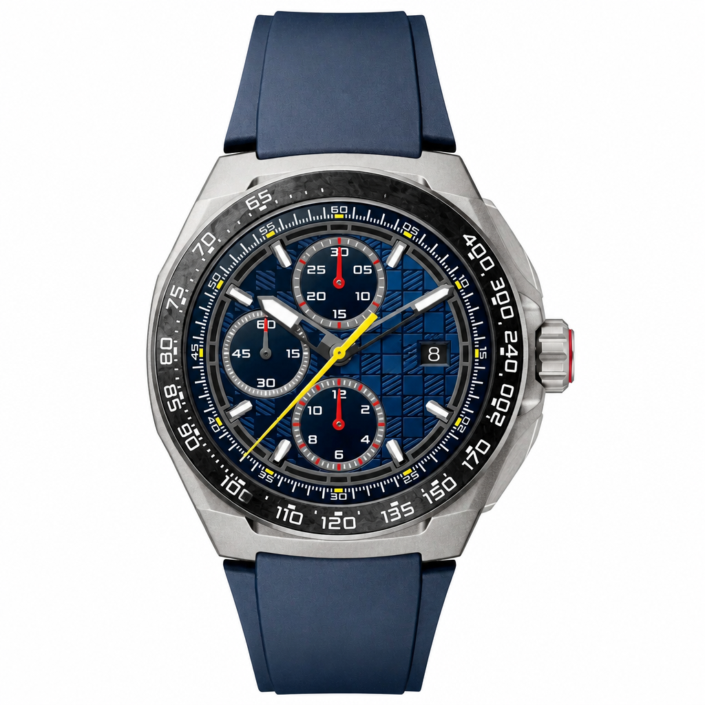 Blue sport chronograph watch with rubber strap on white background
