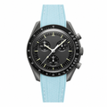 Casual chronograph watch with black dial and light blue rubber strap on white background