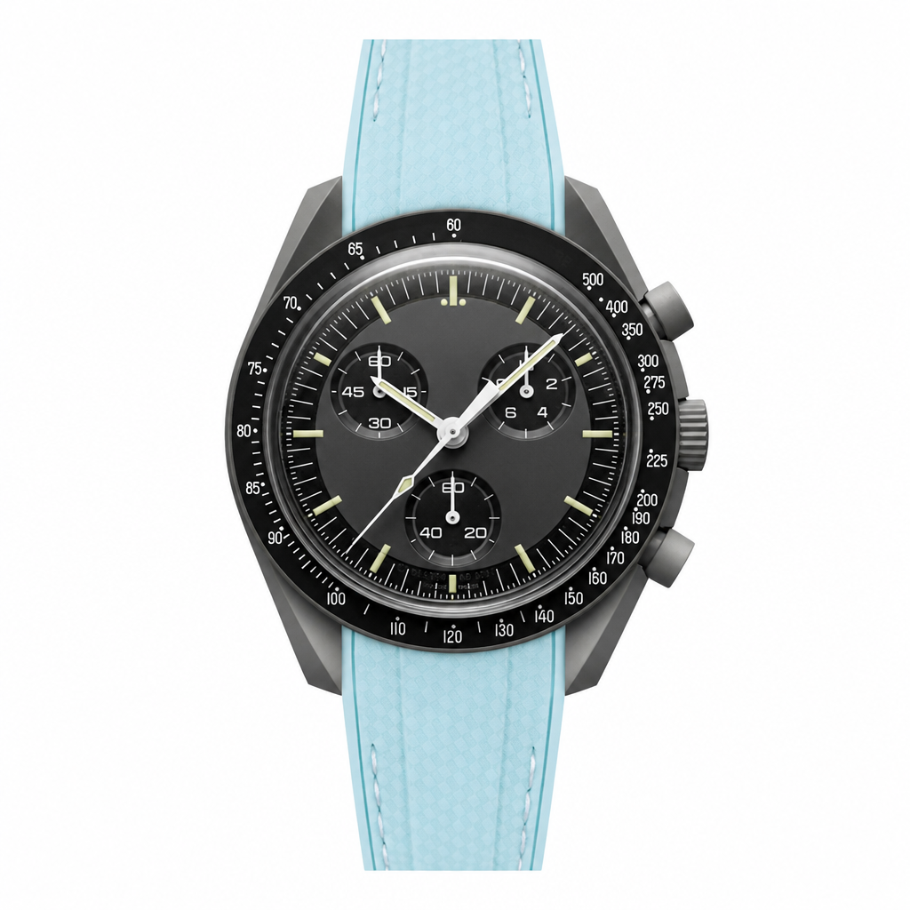 Casual chronograph watch with black dial and light blue rubber strap on white background