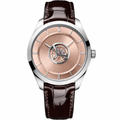 Dress watch with rose gold dial and brown leather strap on white background
