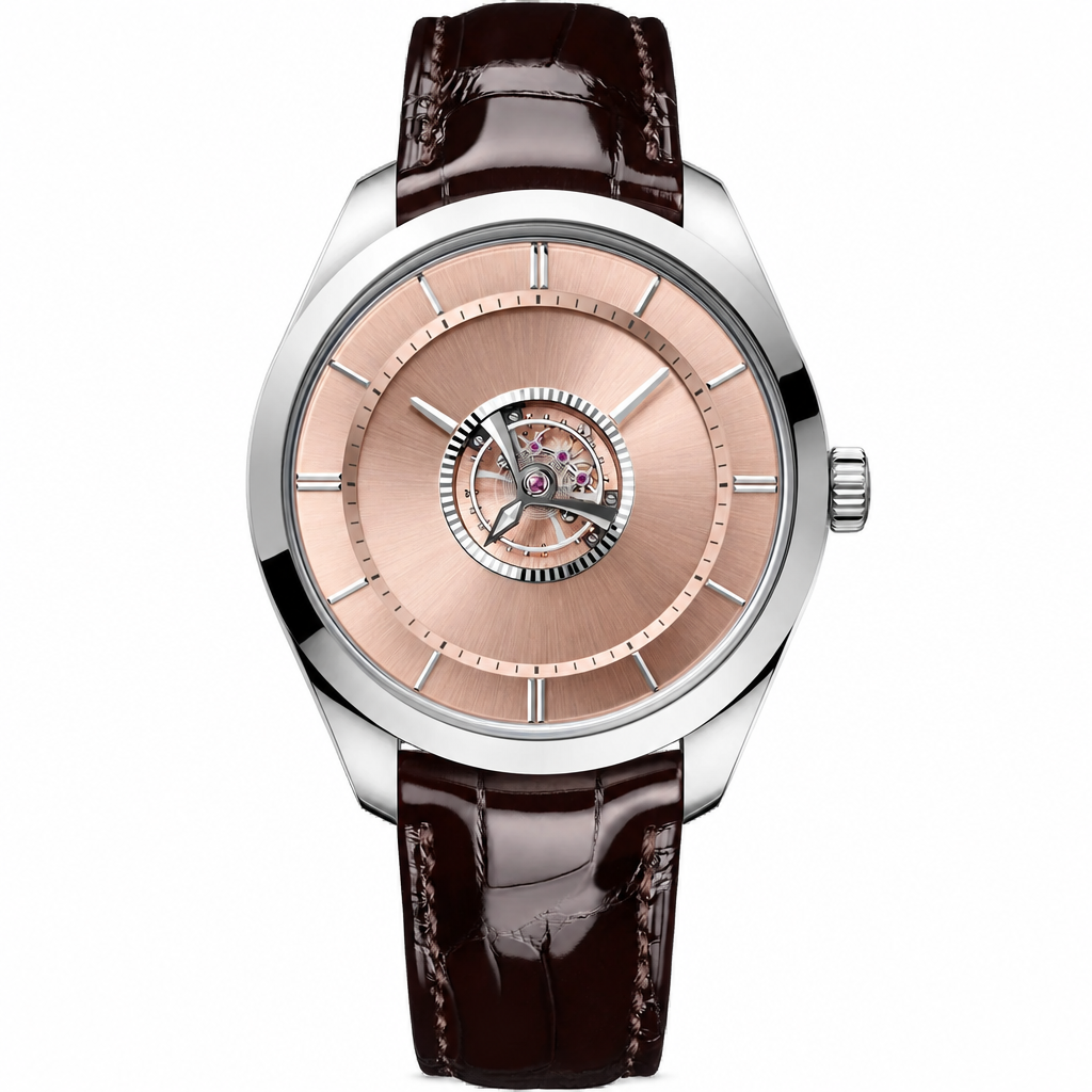 Dress watch with rose gold dial and brown leather strap on white background