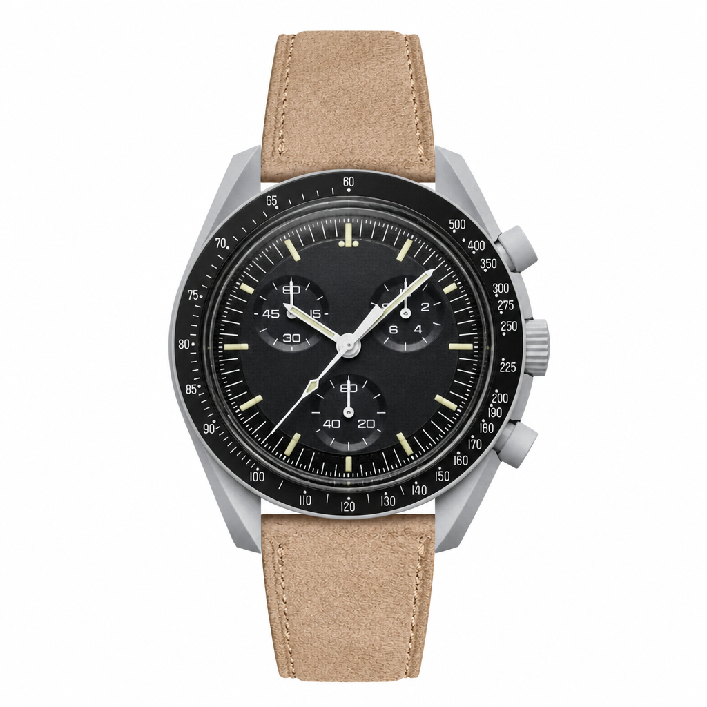 Chronograph watch with black dial, silver case, and beige suede strap on white background