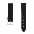 Black suede watch strap with silver buckle on white background