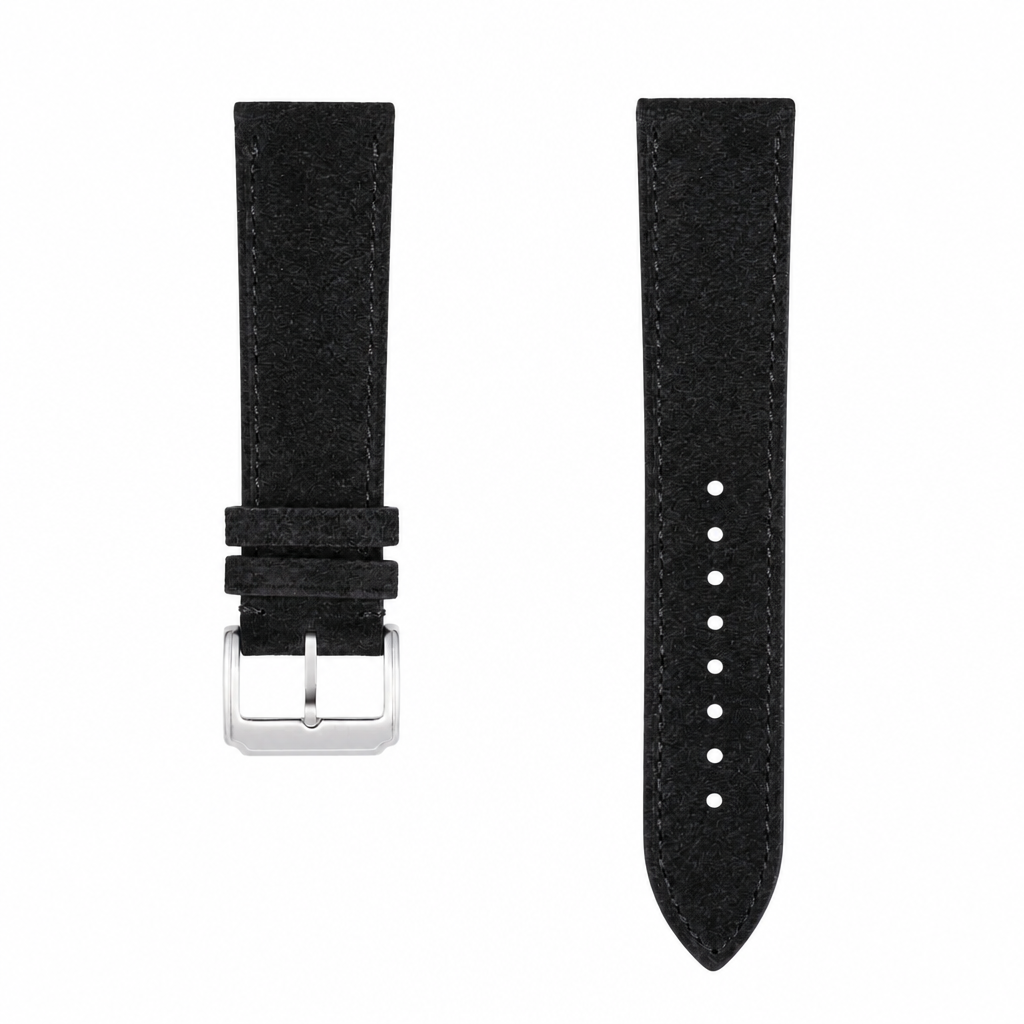 Black suede watch strap with silver buckle on white background