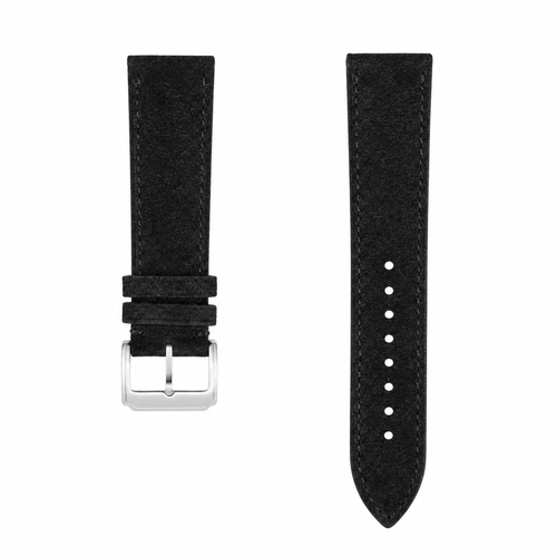Black suede watch strap with silver buckle on white background