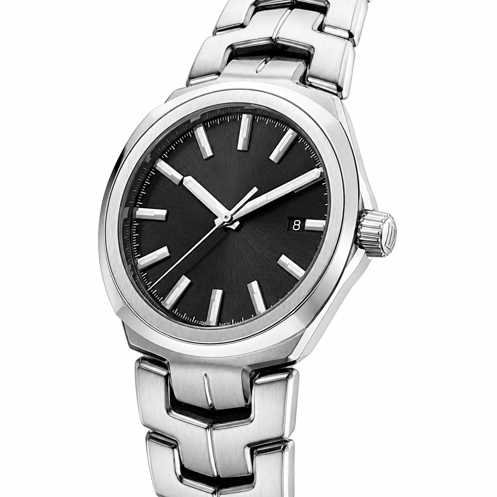 Men's dress watch with black dial and silver metal bracelet