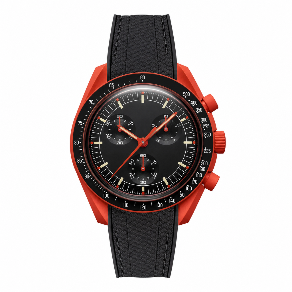 Red case chronograph watch with black dial and black textured strap on white background