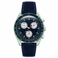 Chronograph watch with navy blue dial and navy suede strap on white background