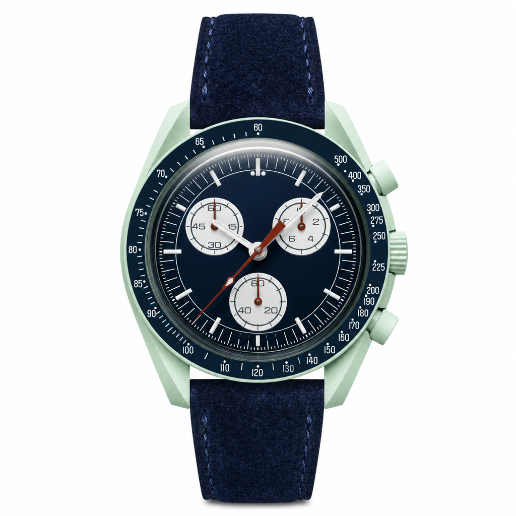 Chronograph watch with navy blue dial and navy suede strap on white background