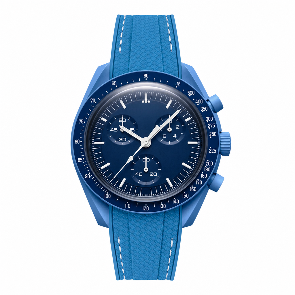Blue chronograph watch with rubber strap on white background