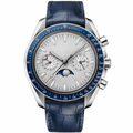 Dress watch with silver dial, moon phase, and blue leather strap