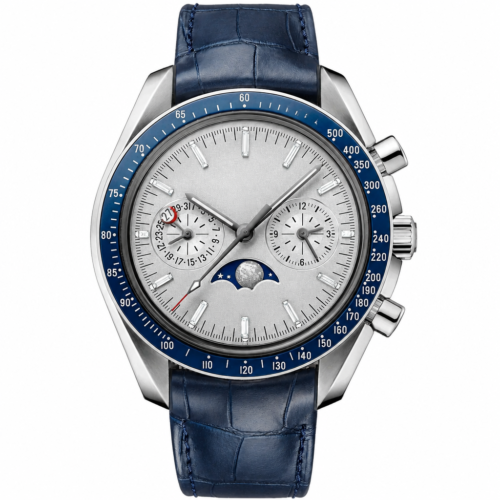 Dress watch with silver dial, moon phase, and blue leather strap