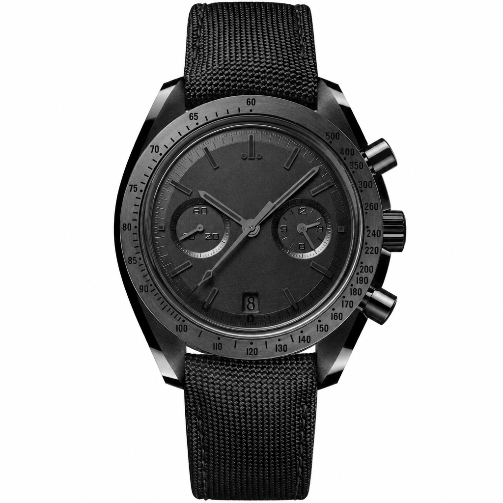 Sport chronograph watch with black dial and black fabric strap, 44mm case size