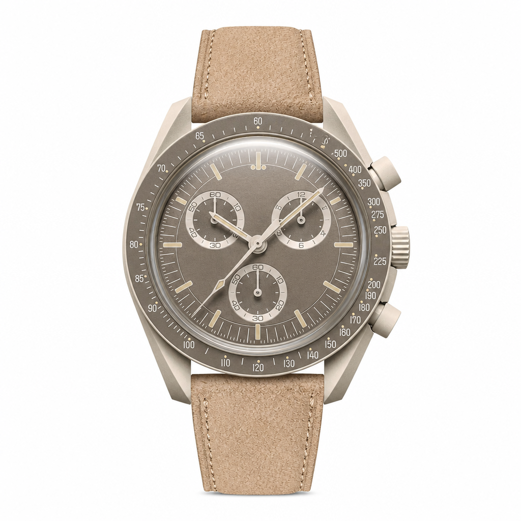 Chronograph watch with taupe dial and beige suede strap on white background