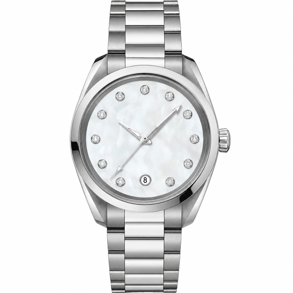 38mm Dress Watch with White Mother-of-Pearl Dial and Silver Metal Bracelet