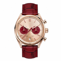 Rose gold dress watch with red leather strap and chronograph dial
