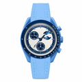 Blue chronograph watch with light silver dial and light blue rubber strap on white background