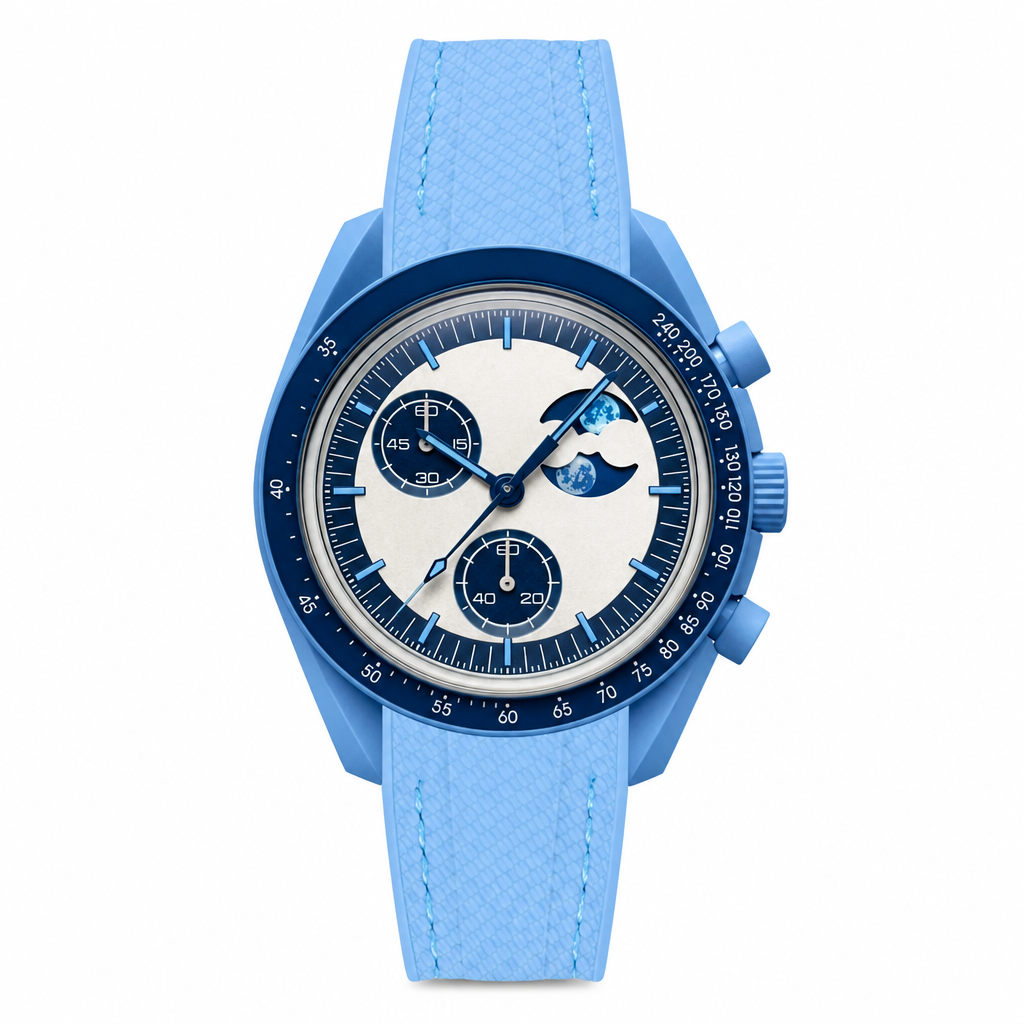 Blue chronograph watch with light silver dial and light blue rubber strap on white background