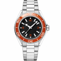 42mm diver style watch with orange bezel and stainless steel bracelet