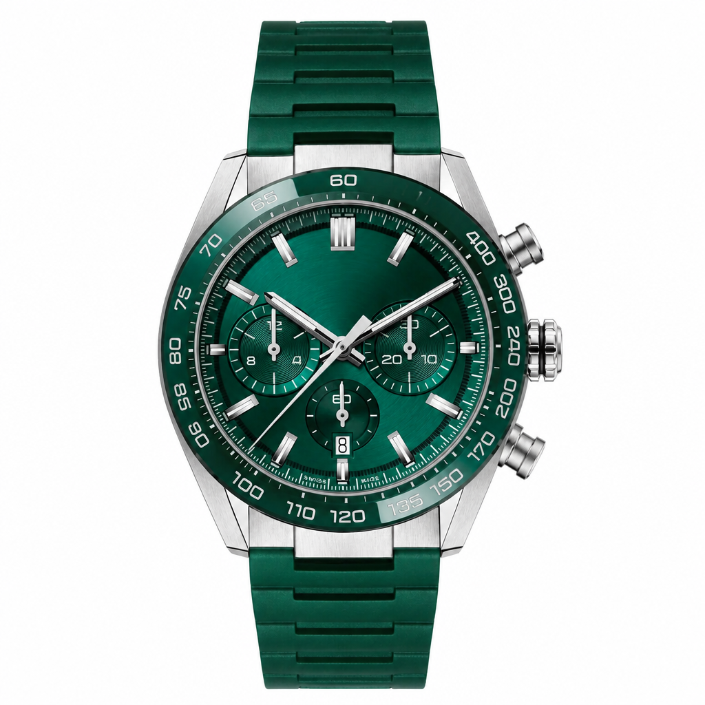 Chronograph sport watch with green dial, silver case, and green rubber strap