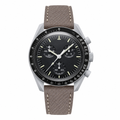 Chronograph watch with black dial and brownish gray leather strap on white background